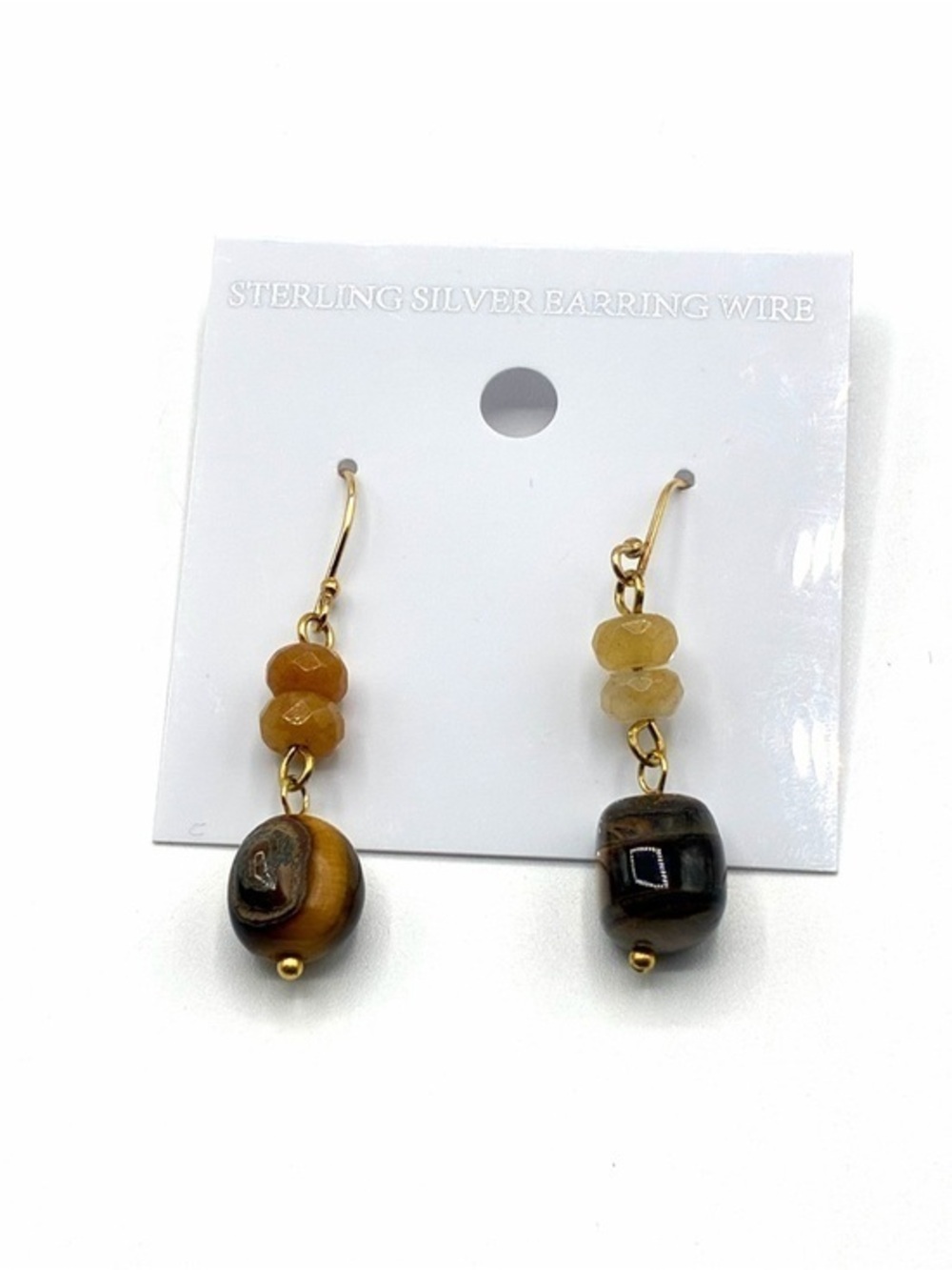 Handcrafted Tiger’s Eye & Citrine Dangle Earrings Gold Tone Sterling Hooks